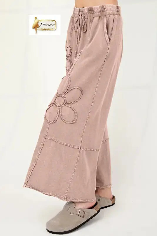 Cotton Pink Flower Patch Mineral Washed Terry Knit Cropped Wide Leg Pants Dear-Lover Dropshipping