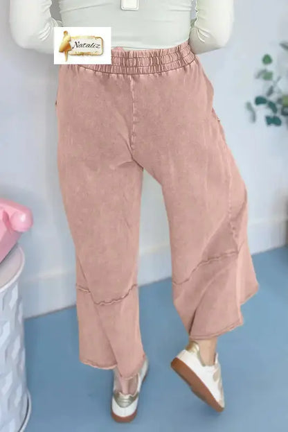 Cotton Pink Flower Patch Mineral Washed Terry Knit Cropped Wide Leg Pants Dear-Lover Dropshipping