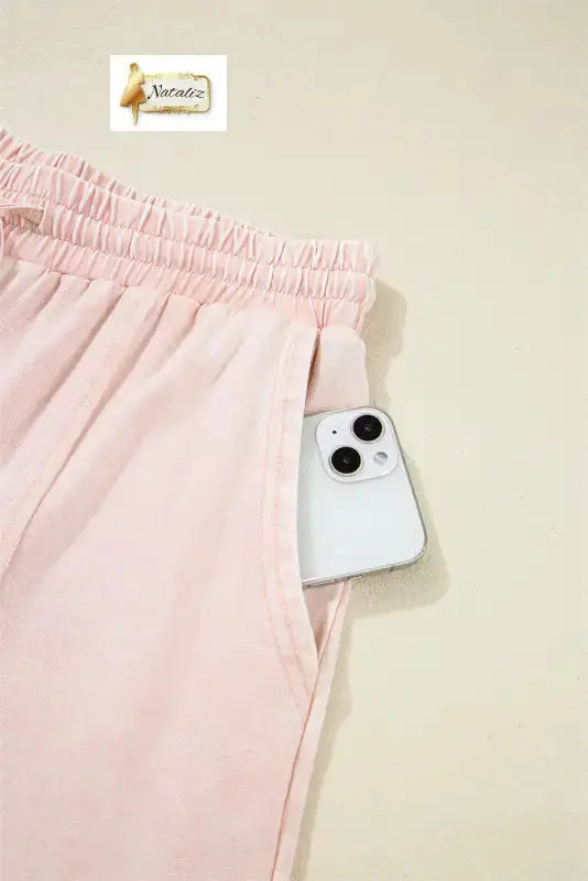 Cotton Pink Flower Patch Mineral Washed Terry Knit Cropped Wide Leg Pants Dear-Lover Dropshipping