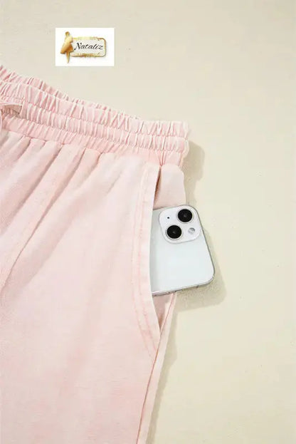 Cotton Pink Flower Patch Mineral Washed Terry Knit Cropped Wide Leg Pants Dear-Lover Dropshipping