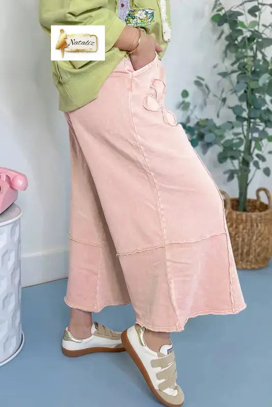 Cotton Pink Flower Patch Mineral Washed Terry Knit Cropped Wide Leg Pants Dear-Lover Dropshipping