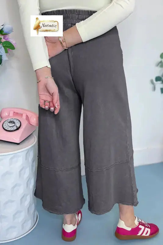 Cotton Pink Flower Patch Mineral Washed Terry Knit Cropped Wide Leg Pants Dear-Lover Dropshipping