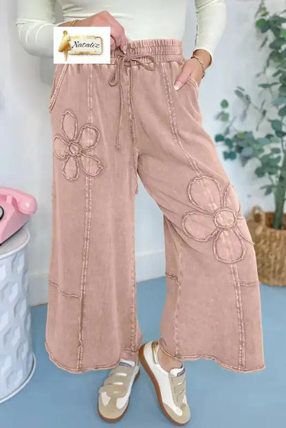 Cotton Pink Flower Patch Mineral Washed Terry Knit Cropped Wide Leg Pants Dear-Lover Dropshipping