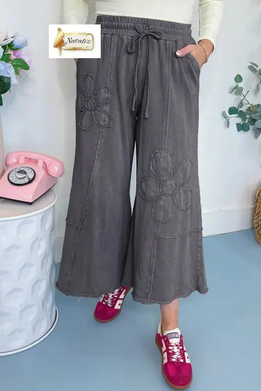Cotton Pink Flower Patch Mineral Washed Terry Knit Cropped Wide Leg Pants Dear-Lover Dropshipping