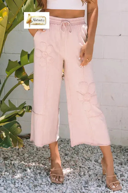 Cotton Pink Flower Patch Mineral Washed Terry Knit Cropped Wide Leg Pants Dear-Lover Dropshipping
