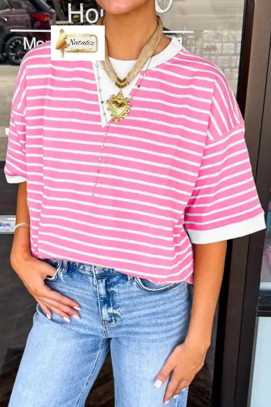 Cotton Pink Stripe Round Neck Drop Shoulder Short Sleeve Loose Top Nataliz