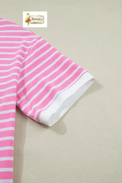 Cotton Pink Stripe Round Neck Drop Shoulder Short Sleeve Loose Top Dear-Lover Dropshipping