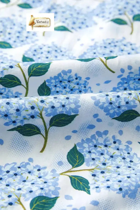 Cotton Sky Blue Hydrangea Floral Print Ruffle Trim Flutter Sleeve Long Dress Nataliz
