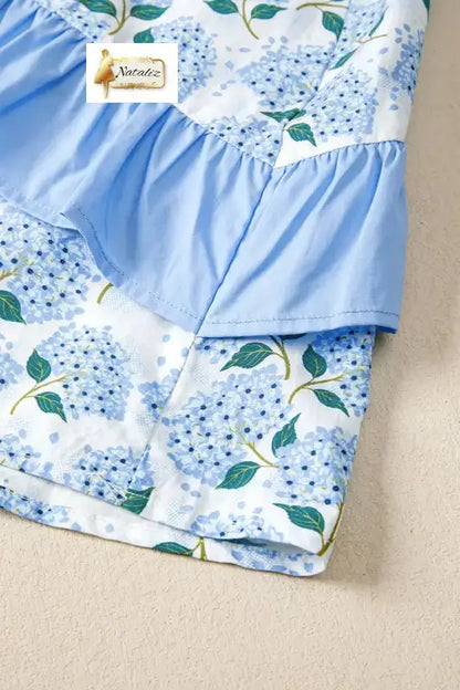 Cotton Sky Blue Hydrangea Floral Print Ruffle Trim Flutter Sleeve Long Dress Nataliz