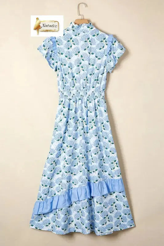 Cotton Sky Blue Hydrangea Floral Print Ruffle Trim Flutter Sleeve Long Dress Nataliz
