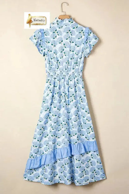 Cotton Sky Blue Hydrangea Floral Print Ruffle Trim Flutter Sleeve Long Dress Nataliz