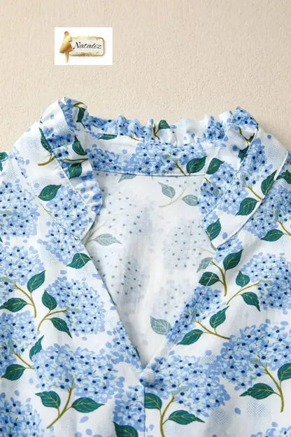 Cotton Sky Blue Hydrangea Floral Print Ruffle Trim Flutter Sleeve Long Dress Nataliz