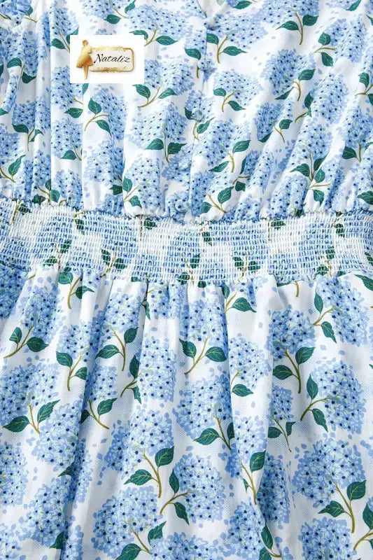 Cotton Sky Blue Hydrangea Floral Print Ruffle Trim Flutter Sleeve Long Dress Nataliz