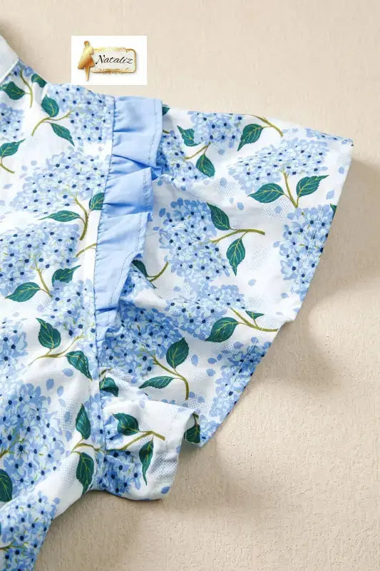 Cotton Sky Blue Hydrangea Floral Print Ruffle Trim Flutter Sleeve Long Dress Nataliz