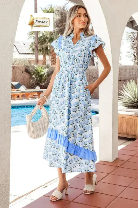 Cotton Sky Blue Hydrangea Floral Print Ruffle Trim Flutter Sleeve Long Dress Nataliz