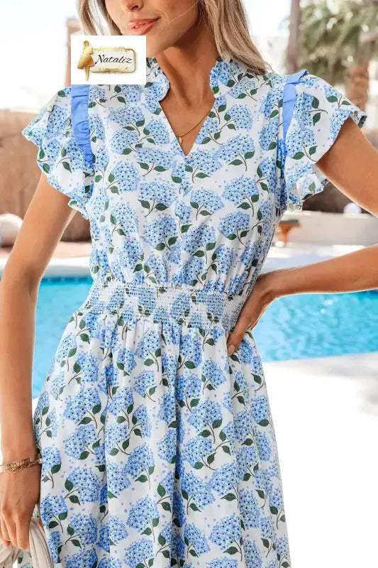 Cotton Sky Blue Hydrangea Floral Print Ruffle Trim Flutter Sleeve Long Dress Nataliz