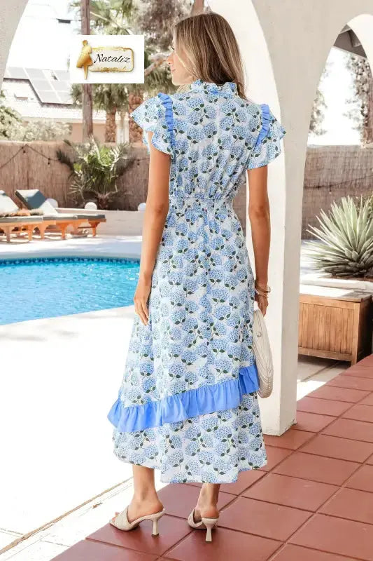 Cotton Sky Blue Hydrangea Floral Print Ruffle Trim Flutter Sleeve Long Dress Nataliz