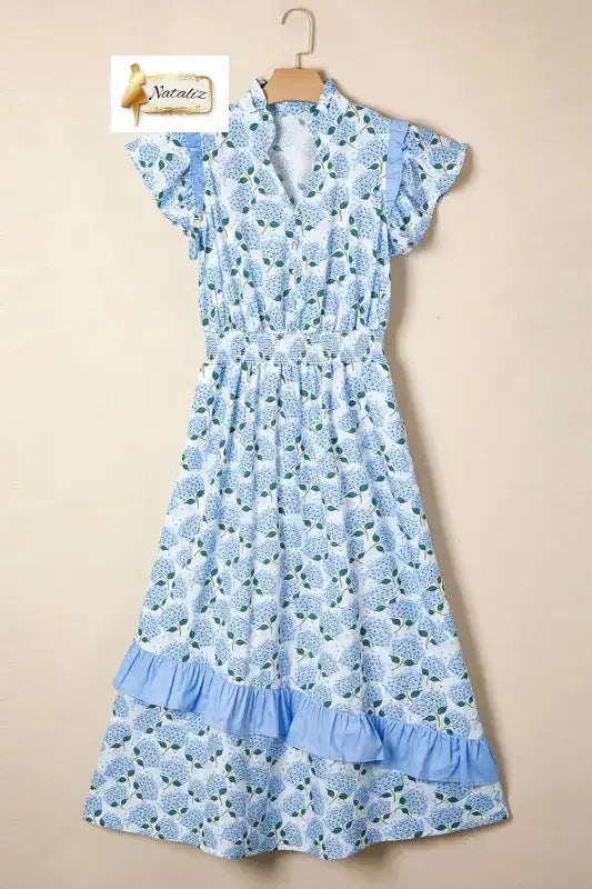 Cotton Sky Blue Hydrangea Floral Print Ruffle Trim Flutter Sleeve Long Dress Nataliz