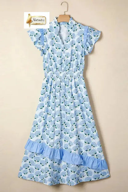 Cotton Sky Blue Hydrangea Floral Print Ruffle Trim Flutter Sleeve Long Dress Nataliz