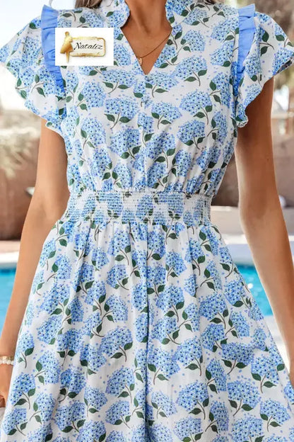 Cotton Sky Blue Hydrangea Floral Print Ruffle Trim Flutter Sleeve Long Dress Nataliz