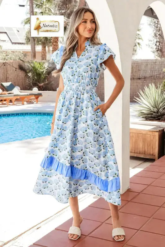 Cotton Sky Blue Hydrangea Floral Print Ruffle Trim Flutter Sleeve Long Dress Nataliz