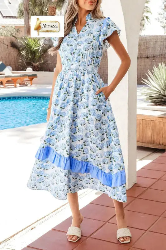 Cotton Sky Blue Hydrangea Floral Print Ruffle Trim Flutter Sleeve Long Dress Nataliz