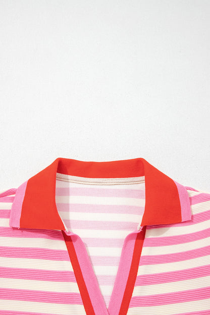 Blue Stripe Contrast Trim Polo Collar Ruffled Short Sleeve Blouse