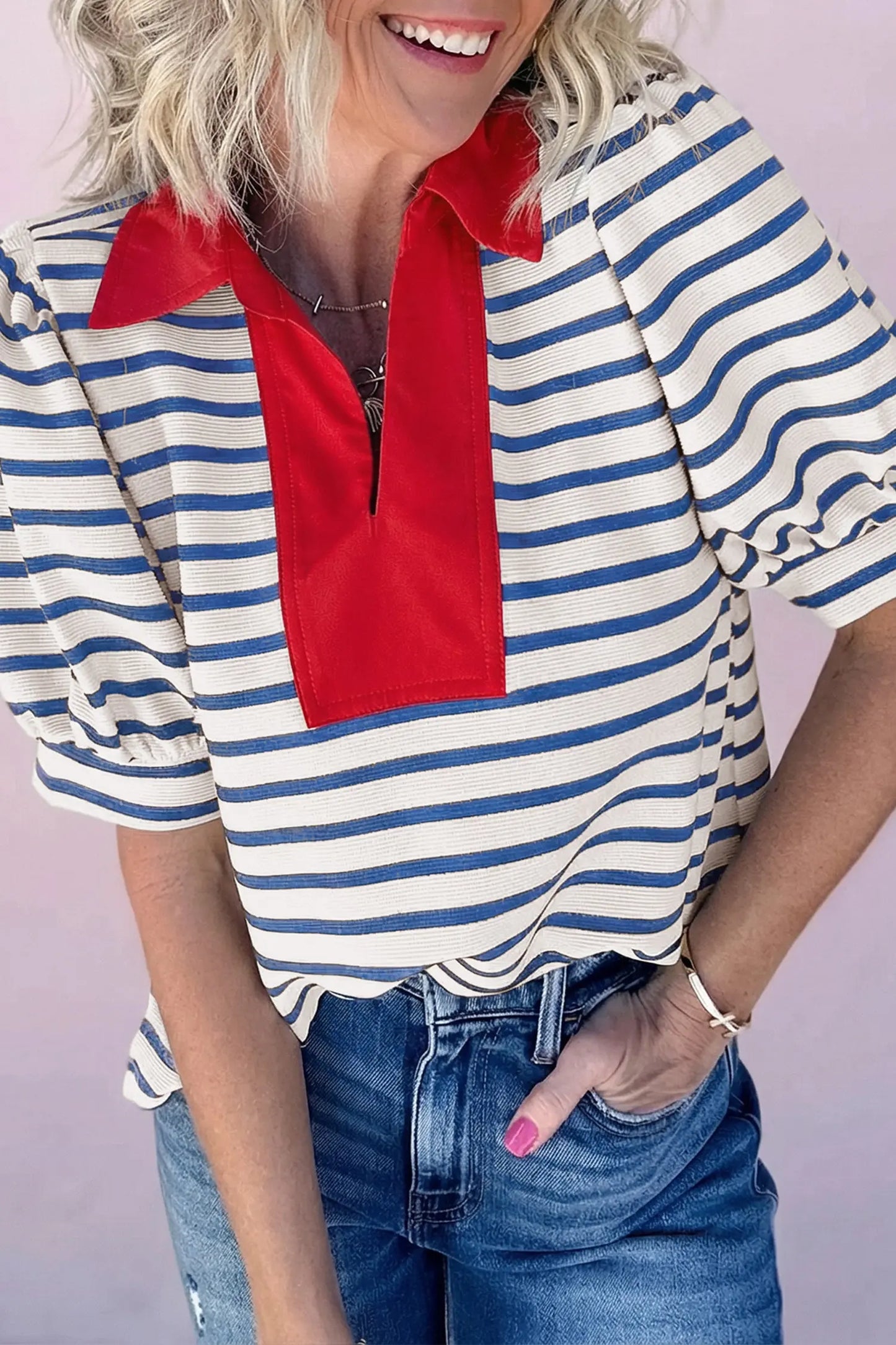 Blue Stripe Short Puff Sleeve Color Block Polo Collar Blouse Nataliz