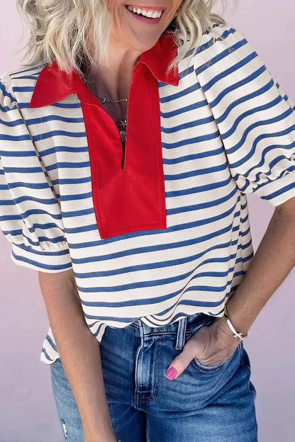 Blue Stripe Short Puff Sleeve Color Block Polo Collar Blouse Nataliz