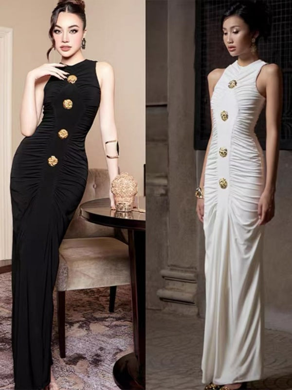 Gold-Button Ruched Sleeveless Maxi Dress model front view · nz-alt-v1