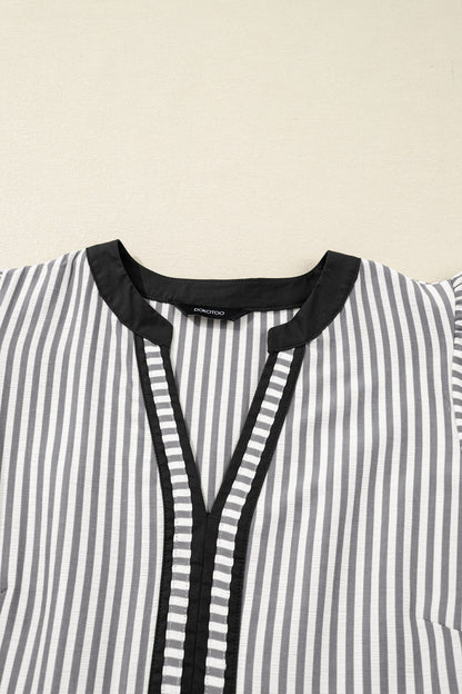 Black Stripe Contrast Trim V Neck Flutter Sleeve Casual Long Dress