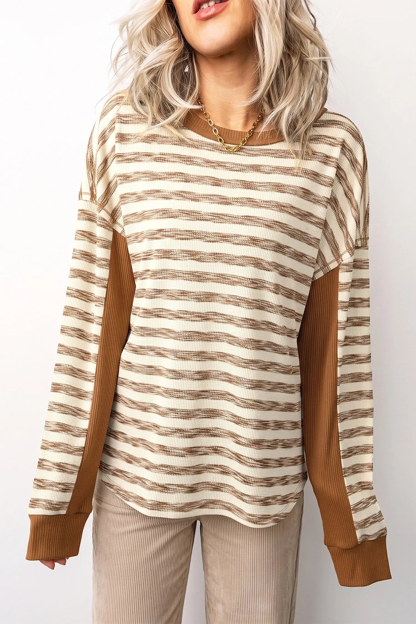 Brown Stripe Textured Knit Color Block Trim Long Sleeve Round Neck Top