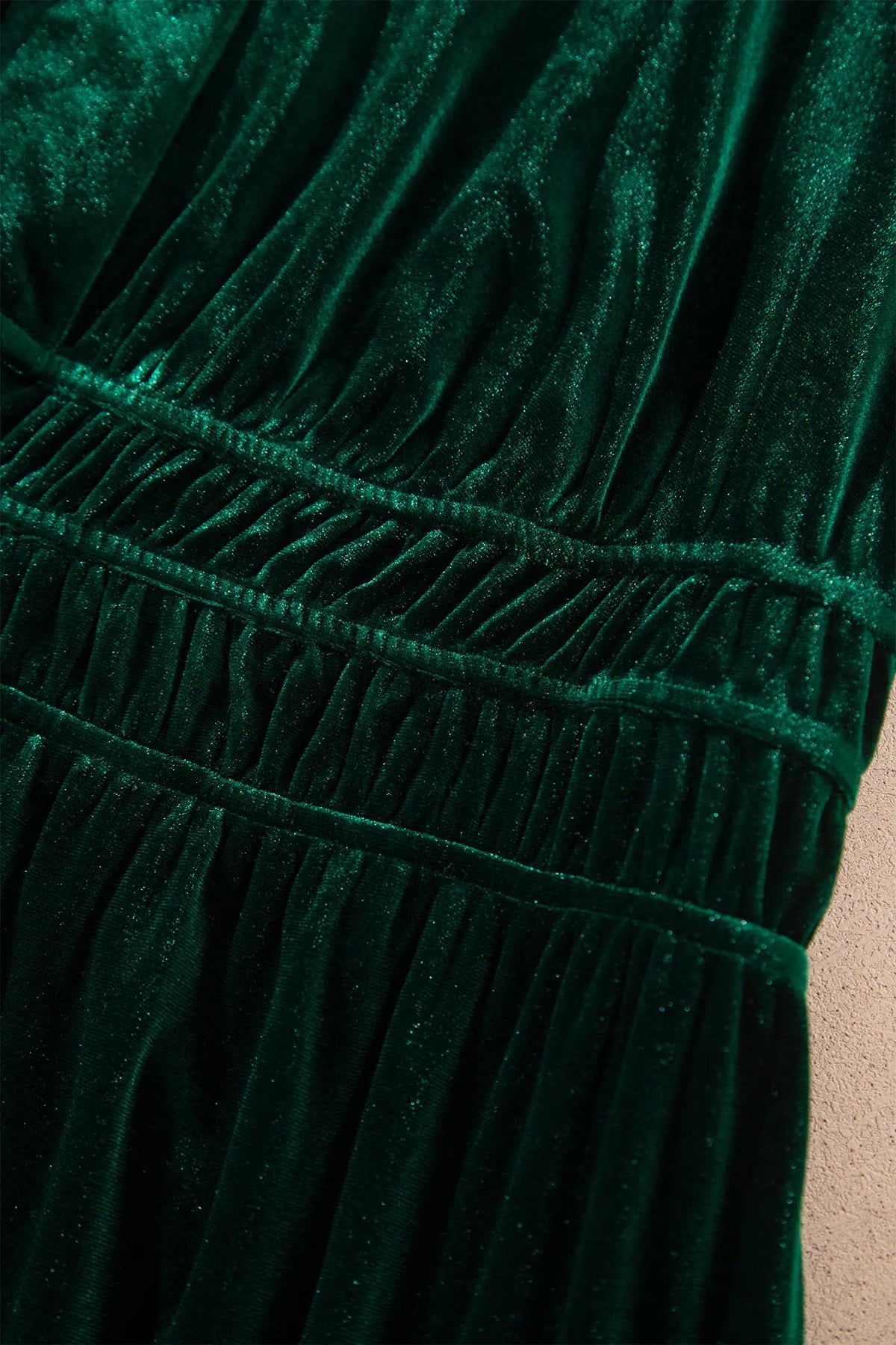Blackish Green Velvet Short Sleeve Shirred Waist Tiered Plus Size Maxi Dress
