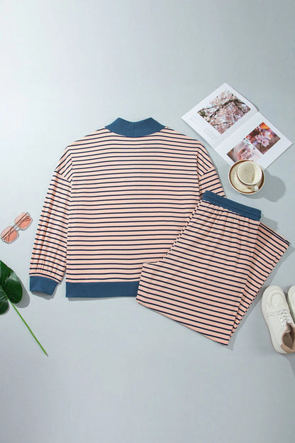 Pink Stripe Striped Colorblock V Neck Long Sleeve Plus Size Set