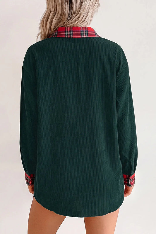 Blackish Green Plaid Pocket Button Long Sleeve Shift Shacket