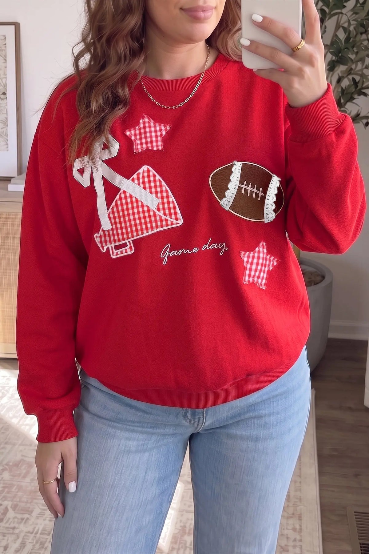 Red Rugby Game Day Patchwork Graphic Plus Size Sweatshirt model front view · nz-alt-v1