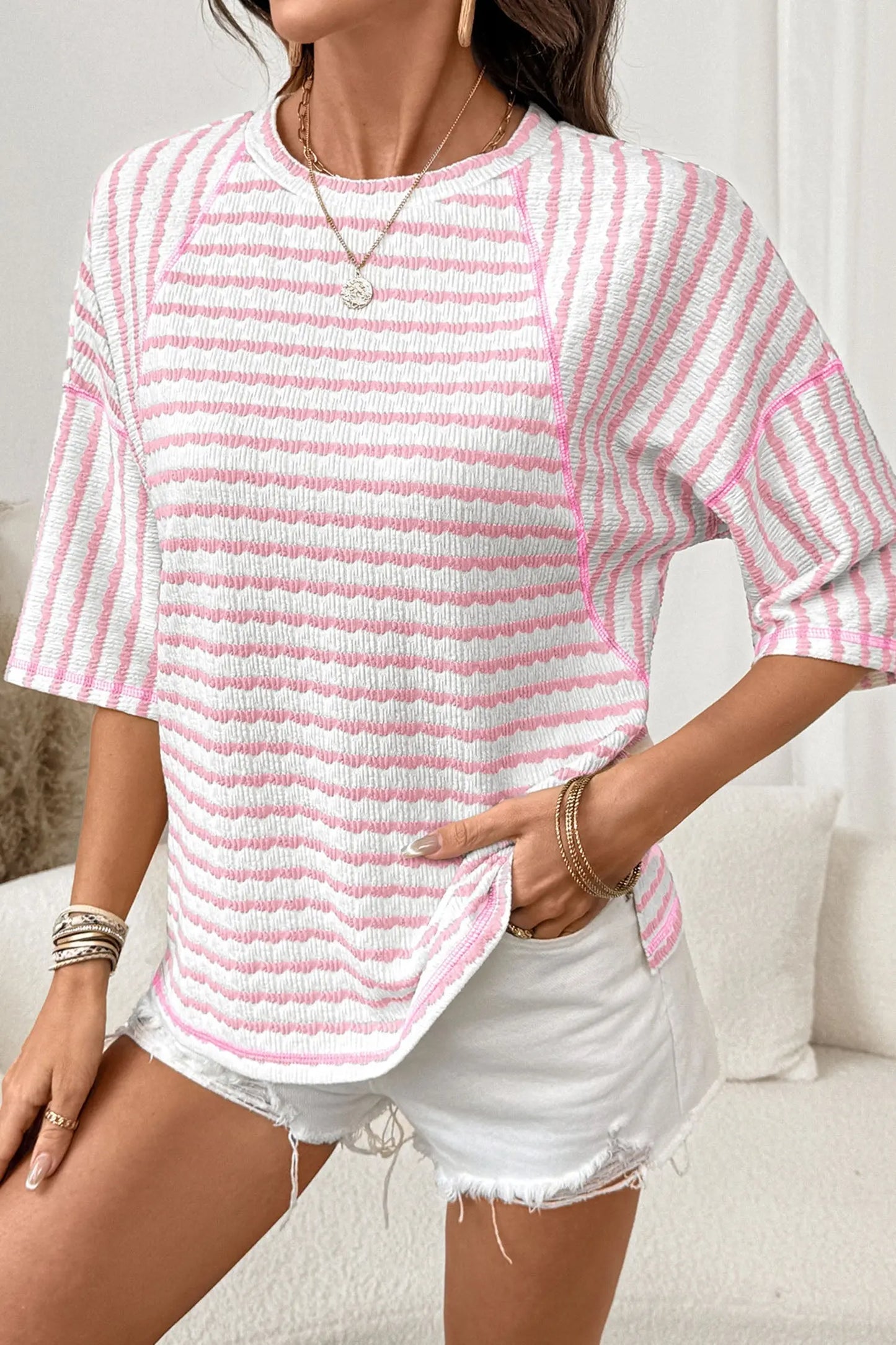 Brown Stripe Textured Knit Split Hem Half Sleeve Loose Top Nataliz