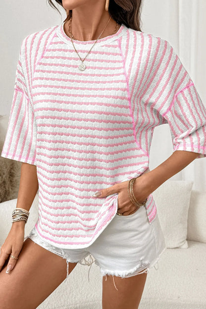 Brown Stripe Textured Knit Split Hem Half Sleeve Loose Top Nataliz