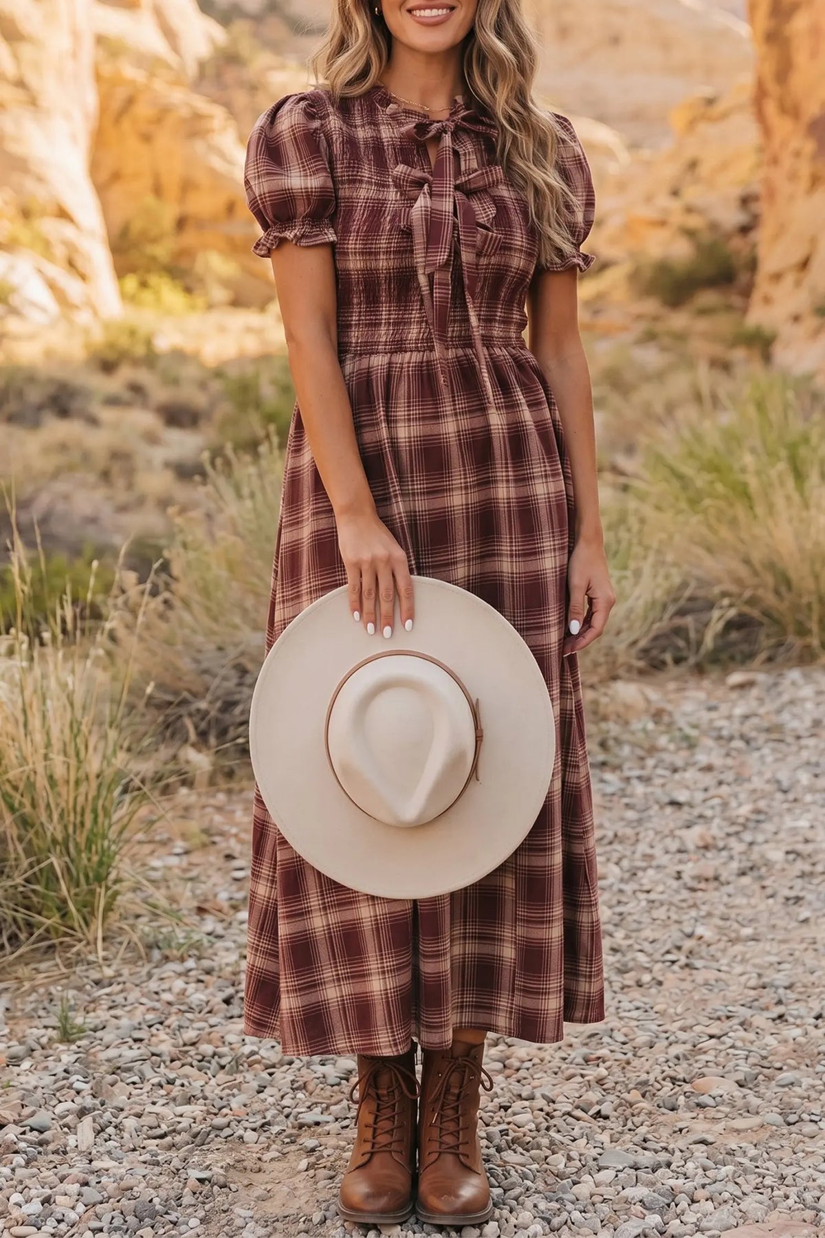 Red Vintage Plaid Knot Front Smocked High Waist Midi Dress model front view · nz-alt-v1