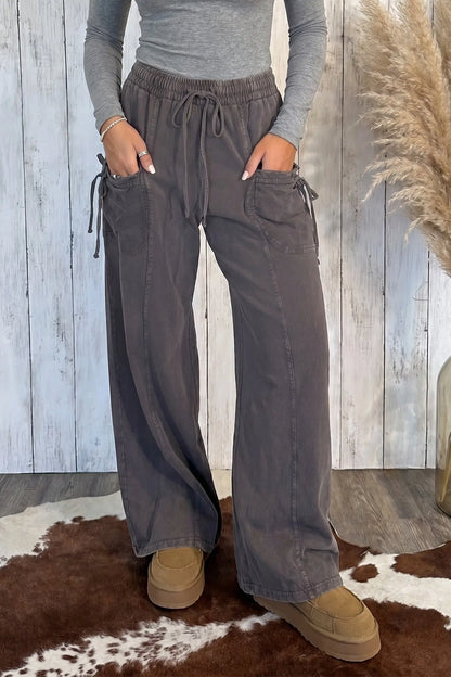 Dark Brown Cotton Mineral Wash Elastic Waist Drawstring Tie Detail Cargo Pants