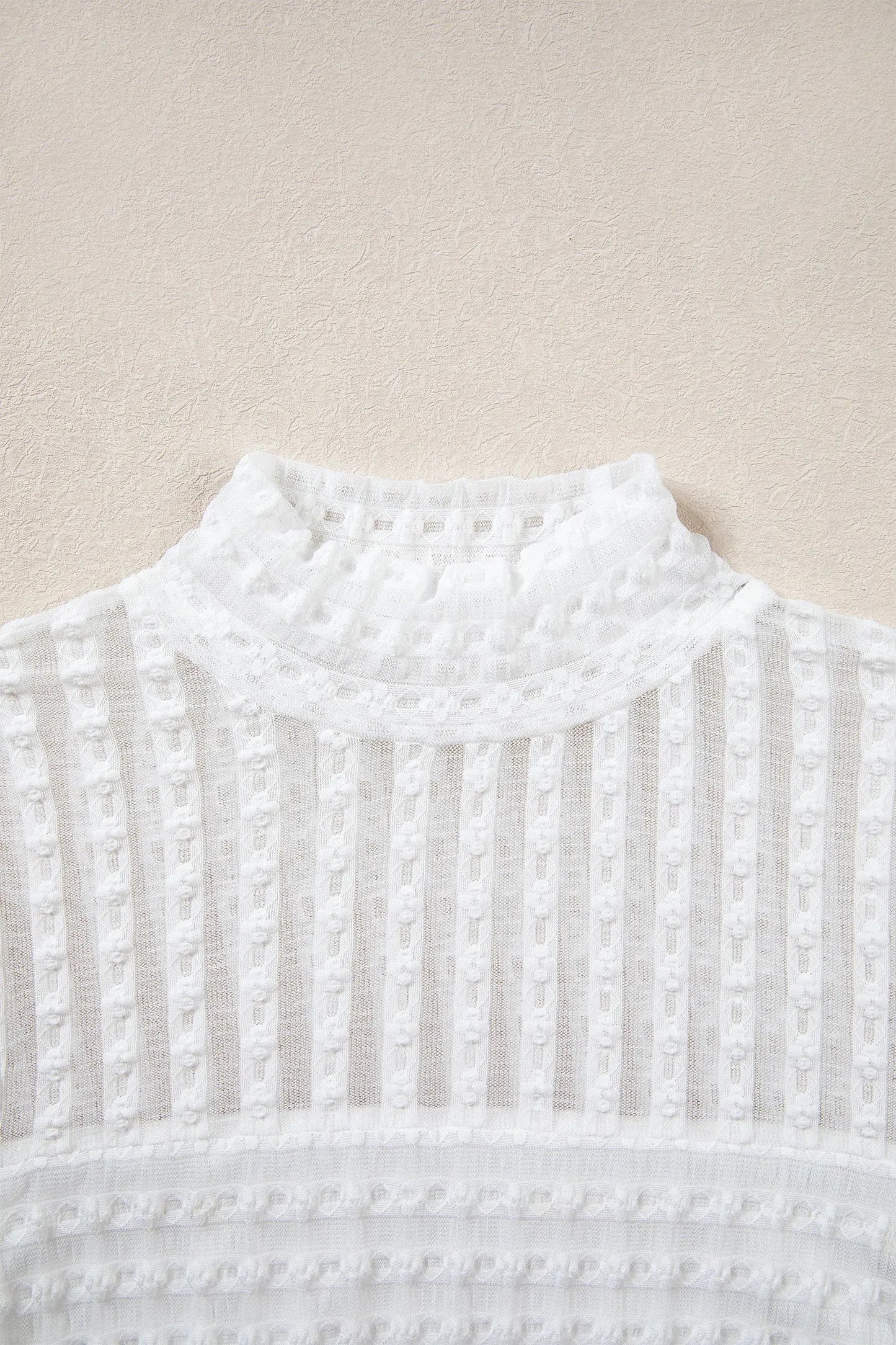 Beige Textured Sheer Lace High Neck Long Sleeve Top