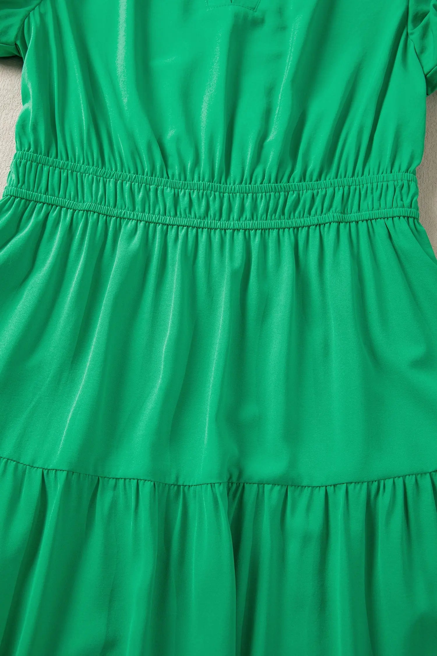 Bright Green Solid Color V Neck Short Puff Sleeve High Waist Tiered Maxi Dress - Casual Dresses