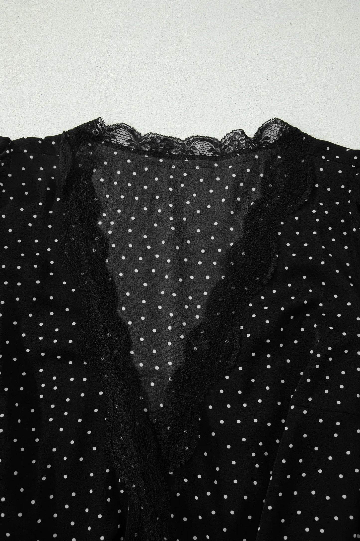 Black Polka Dot Print Lace Trim Wrap Mini Dress - Casual Dresses