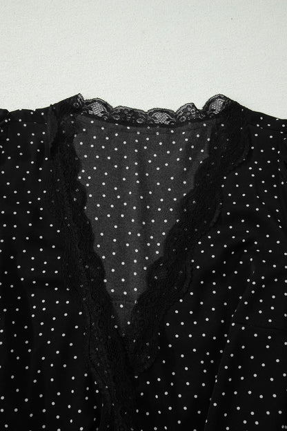 Black Polka Dot Print Lace Trim Wrap Mini Dress - Casual Dresses
