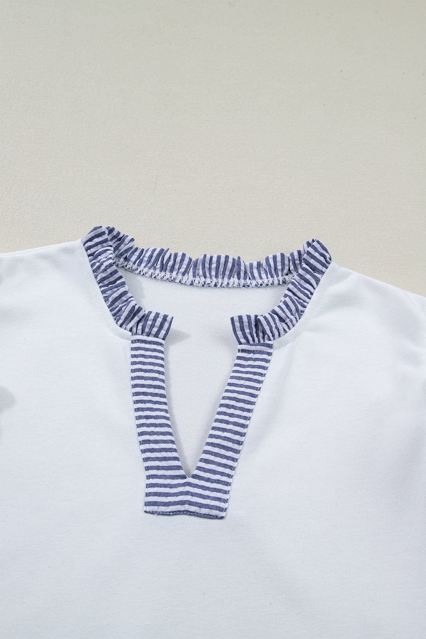 White Contrasted Striped Patchwork Split Neck Ruffle Trim Sleeveless Dress - Casual Dresses