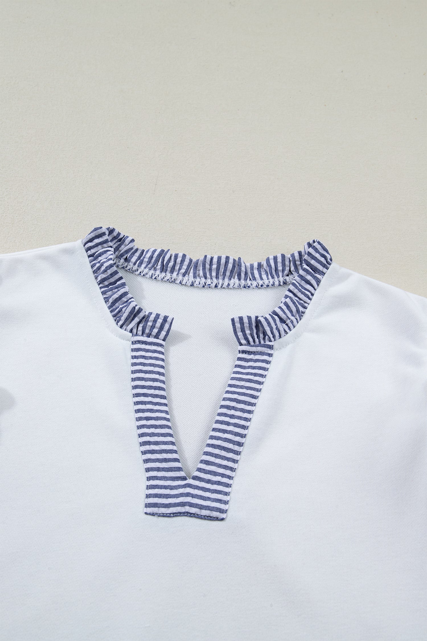 White Contrasted Striped Patchwork Split Neck Ruffle Trim Sleeveless Dress - Casual Dresses