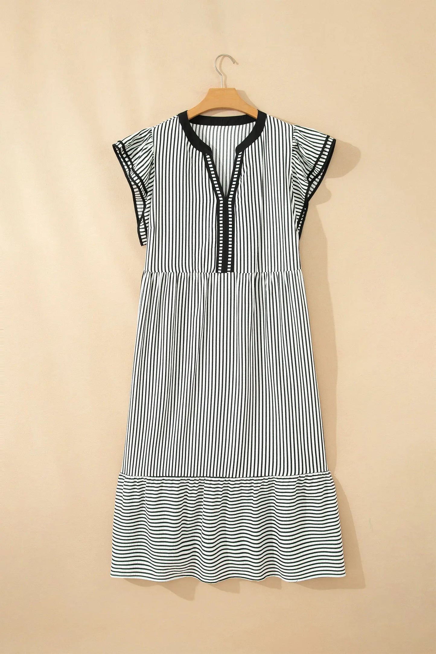 Black Stripe Plus Size Slit V Neck Tiered Flutter Sleeve Maxi Dress Nataliz