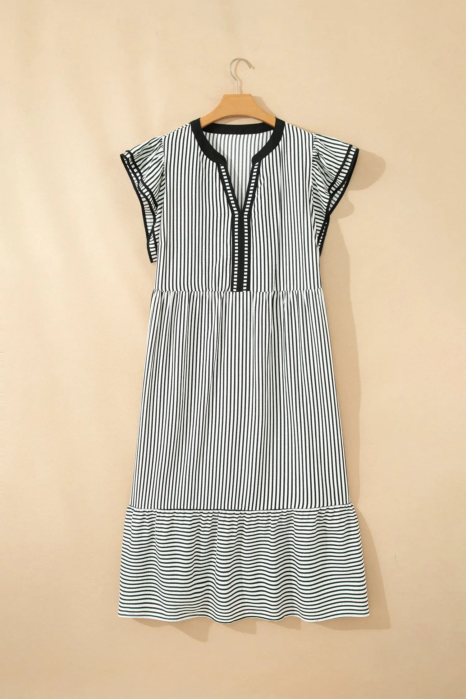 Black Stripe Plus Size Slit V Neck Tiered Flutter Sleeve Maxi Dress Nataliz