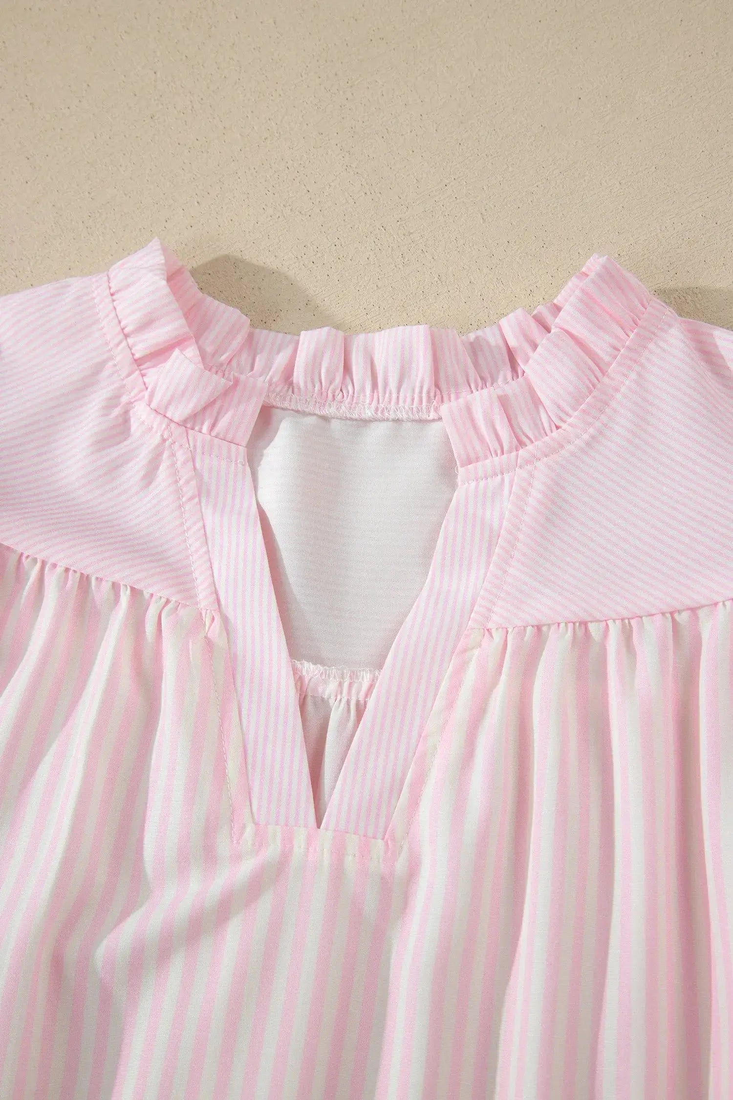 Pink Stripe Contrast Trim V Neck Flutter Sleeve Blouse - Blouses & Shirts