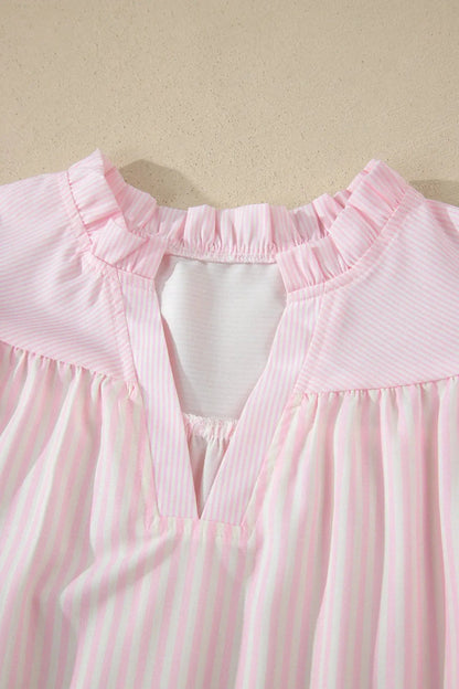 Pink Stripe Contrast Trim V Neck Flutter Sleeve Blouse - Blouses & Shirts